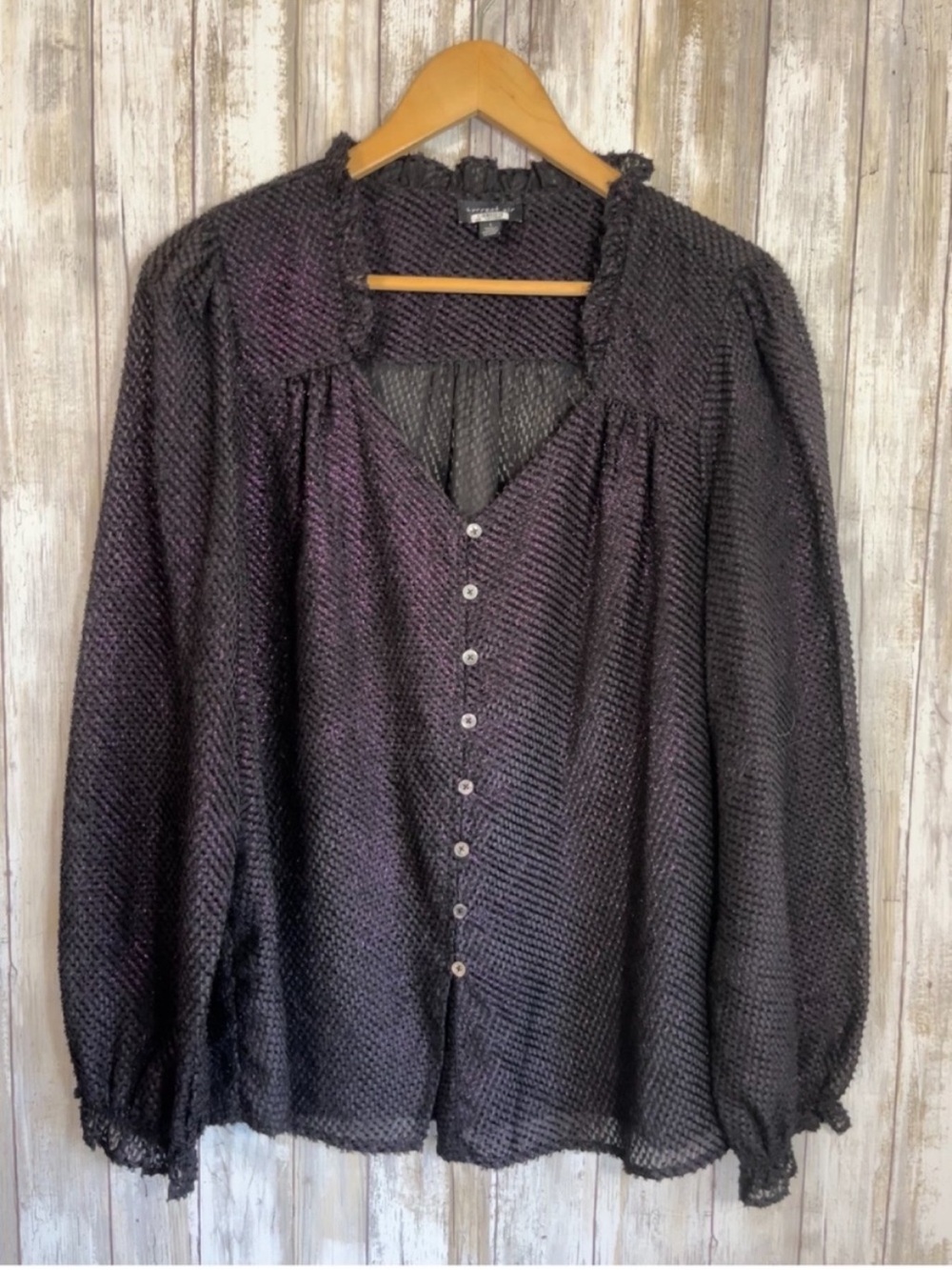 Current Air Black Textured Blouse Large Sheer Ruffle Neck Button Front Boho Top
